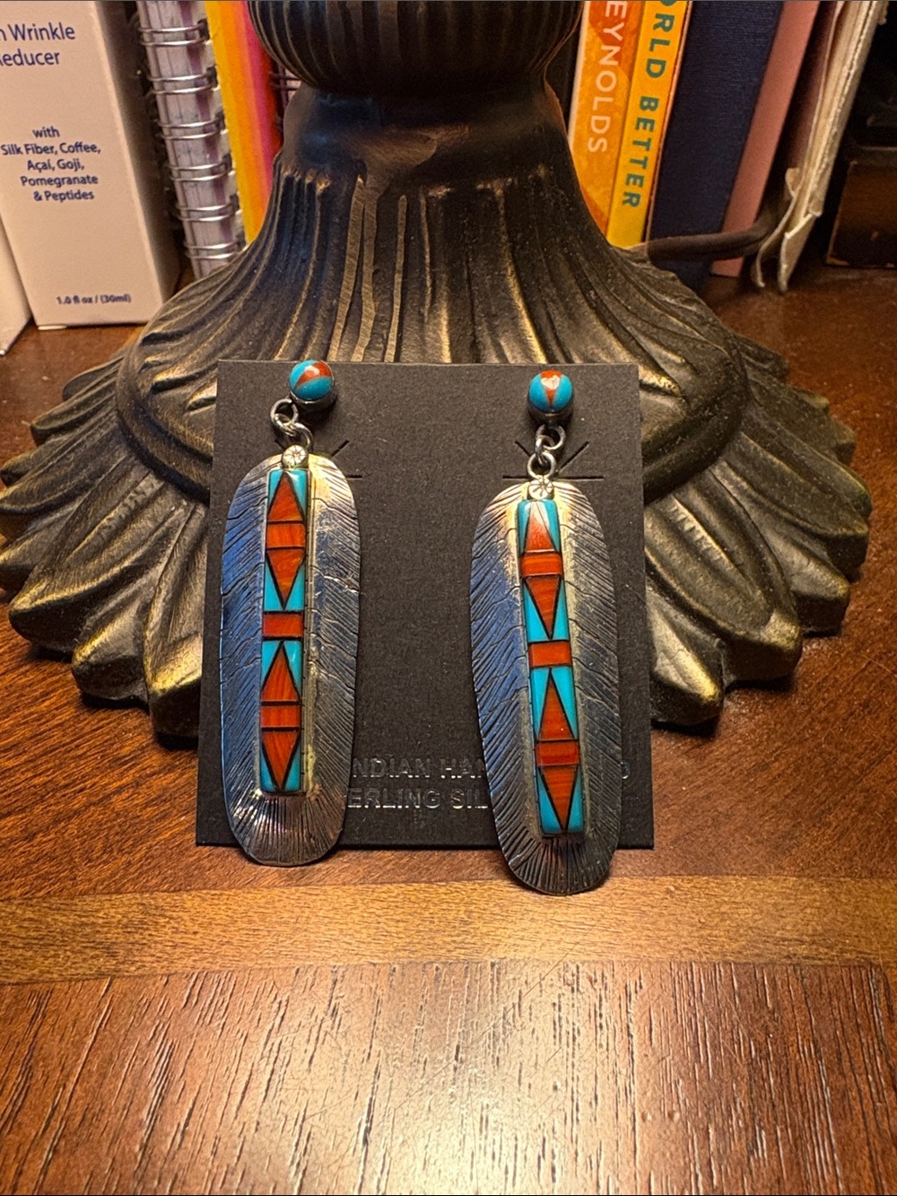 Native American Turquoise & Coral Inlay Feather Drop Earrings - SS Benson Yazzi - Picture 2 of 3